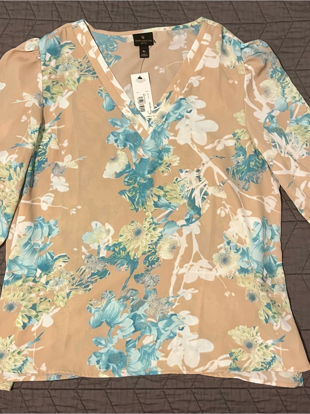 Worthington Beige V-Neck Blouse with Blue Floral Print